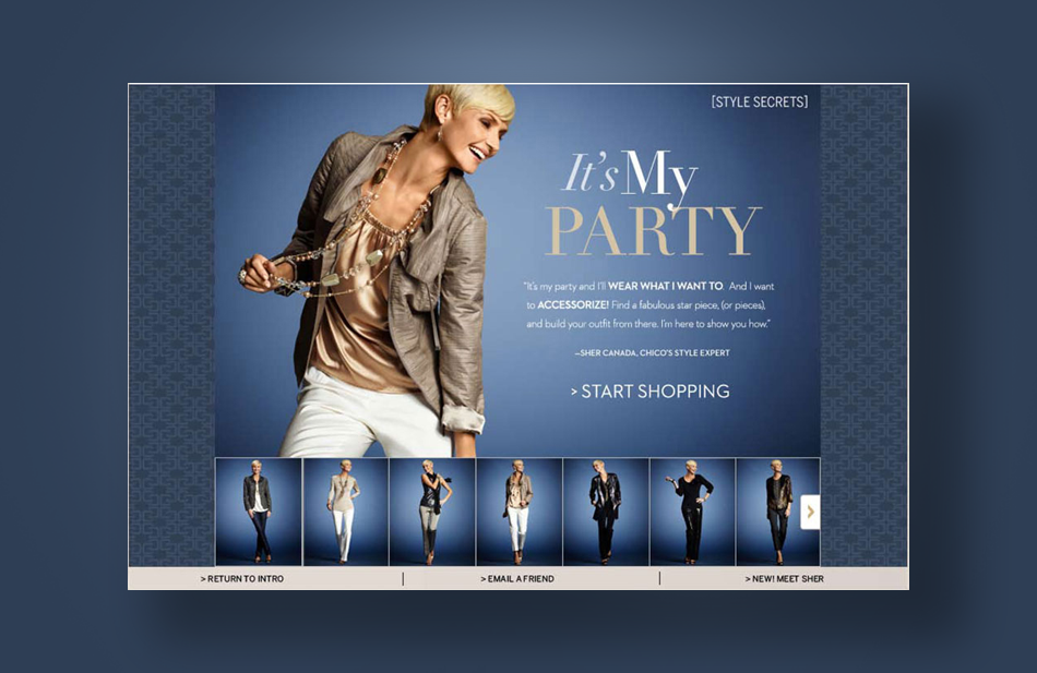 Cover to interactive shopping experience titled It's My Party. A deep, moody blue background accents a model in a gold toned outfit.