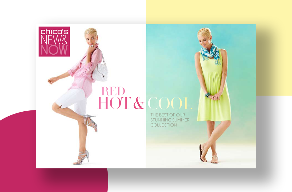 Cover of an interactive shopping experience titled, 'Summer Fun'. A 50-50 split image shows 2 model shots in contrasting color outfits, one with a saucy pose, the other demure.