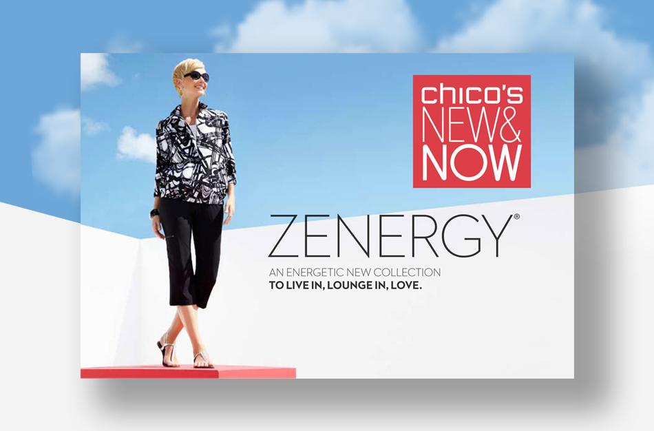 Cover to interactive shopping experience titled 'Zenergy'. A model in activewear is seen enjoying a bright blue sky.